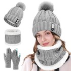 Womens Girls Thick Knit Hat Scarf And Touchscreen Gloves Set Knitted Winter Gift