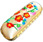 Embroidered Floral Lipstick Holder W  Mirror Gold Tone Red Interior  Vintage 
