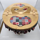 Vintage Fabric Lined Bushel Flip Top Sewing Basket With Heart Shaped Handle 