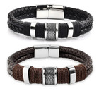 Black Men s Braided Leather Stainless Steel Cuff Bangle Bracelet Wristband