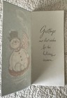 Unused Christmas Snowman Slide Down Hill Smile Vtg Paper Greeting Card 1950s
