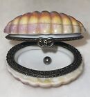 Vtg  Ceramic Porcelain Clam Shell Trinket Jewelry Box Hinged Lid W  Black Pearl