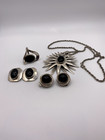 Vintage Sterling Silver And Onyx Set 4 Pieces Necklace  2 Earrings And Ring