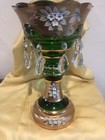 Antique Mantle Luster Green Glass Bohemia Style Gold Crystal Prisms 13  Tall