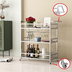 Silver Bar Carts With 3 Tier Glass Shelves  Rolling Serving Bar Cart With Wine R