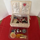 Vintage Wicker Sewing Basket With Handle   Tray And Contents