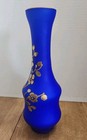 Vtg Bohemian Cobalt Blue Glass W white Interior Vase 10  Gold Gilded Floral Vase
