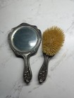 Flowers   Scrolls Antique Art Nouveau Era Silver Looking  Hand Mirror   Brush