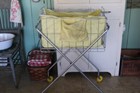 Vintage Rolling Laundry Cart With Yellow Liner  Yellow Wheels  Metal Basket 1950