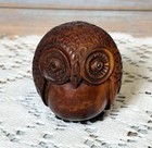 Vintage Japanese Wooden Owl Netsuke Hand Carved Marked Brown Figurine