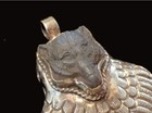 Carved Labradorite Wolf Head With Feathers Pendant