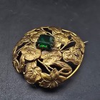 Antique Green Czech Glass Brooch Gold Tone Leaves Domed