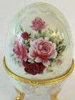 Shengkun Porcelain Egg Trinket Box Roses Floral Design Hinged Footed Gold Trim