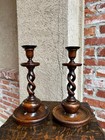 Antique English Oak Open Barley Twist Candlesticks Jacobean Pair C1890 11 0   
