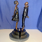 Pair Art Deco Bronze Marble Base Pierrot   Columbine Figural Bookends 12 5x7 25 