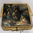 Vtg grannycore Woven Sewing Basket With Tapestry Top Gold Fabric Lining