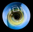 Large Art Glass Boro Marble 1 74    Vortex Swirl Periwinkle Blue Yellow Lavender