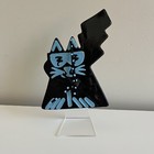 Artisan Signed Pottery Black Cat Clock Ceramic Acrylic Base Eclectic Pop Art