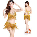 Belly Dance Costume Bra Top   Hip Scarf Set Sequined  Fringe Bollywood Costume