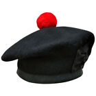 New Scottish Black Wool Blended Balmoral Plain   Dice Hat With Red Pompom On Top