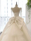 Vintage Satin Wedding Dress Long Sleeve High Neck Bowed Sweep Train Bridal Gown