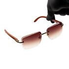 Men s Rimless Burgundy Gradient Tint Hip Hop Gold Frame Woodgrain Sunglasses