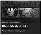 Las Vegas Raiders Vs  Kansas City Chiefs Tickets 