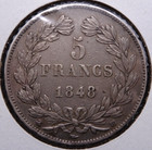1848 Bb France 5 Francs Silver Coin Louis Philippe I  900 Fine Km  749