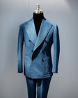 Blue Denim Men s Suits Double Breasted Peak Lapel Tuxedos Wedding Party Blazer