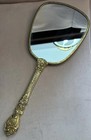 Vintage Gold Plated Art Deco Hand Mirror Raised Floral Design Vanity Regency