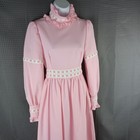 1970s Pink Prairie Maxi Dress Ruffle Neck Lace Trim Cottagecore Formal Vintage