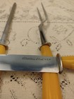 Vintage Mcm 3 Pc Carving Set Butterscotch Bakelite Handles Knife Fork Sharpener