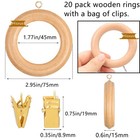 20 Pack Wooden Drapery Curtain Rod Rings With Clips 3 Inch Outer Diameter Nat   