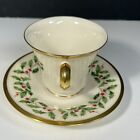 Lenox Holiday Dimentsion Tea Cup   Saucer Set Holly   Berry Gold Trim  One Set