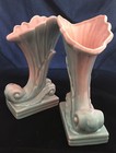 Pair Of Vintage Mccoy Cornucopia Mcm Ceramic Pink Blue Shaded 8 1 2  Vases