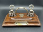 Antique English Oak Double Ink Well With Crystal Wells And Brass Embellishments 