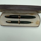 Vtg Sheaffer Fountain Pen Pencil Set Green Gold Trim 14k