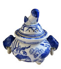 Blue   White Ceramic Lidded Incense Burner W foo Dog Handles   Scenic Design