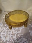 Vintage Ornate Beveled Glass Ormolu Gold Footed Jewelry Box Casket Cherubs Oval