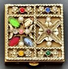 Vtg Ornate Gold   Silver Time Square Divided Pill Box W colored Stones 1 5 
