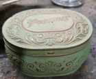 Very Rare Vintage  Pozzonis July 9th 1912 Brass And Green Powder Box With Raised