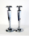 Vtg 11 25    Cromwell Chromium Art Deco Candlesticks Etched Skyscraper Empire Pair