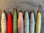 Lot Of 7 Antique Wooden Textile Spindle Bobbins Spools With Thread And  Yarns