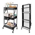 3 Tier Foldable Rolling Cart With Wheels  Folding Utility Cart Organizer  Black