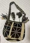 Handmade Black Beige Geometric Bucket Drawstring Bag Tassel Adjustable Strap