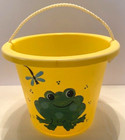 Yellow Plastic 8 5  Child s Pail Hand Painted signed Green Frog blue Dragonfly