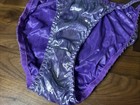 Vtg String Bikini Panties Liquid Satin Second Skin Purple Metallic Foil Bow Sz L