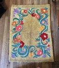 Hand Hooked  Rug Featuring A Colorful Floral Scroll Mustard Yellow Background 