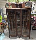  Antique Tiger Oak Corner Curio Cabinet  Ornate Details  Curved Glass Doors 