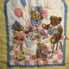 Vtg Handmade Pastel Teddy Bear Family Celebration Cotton Baby Crib Quilt Blanket